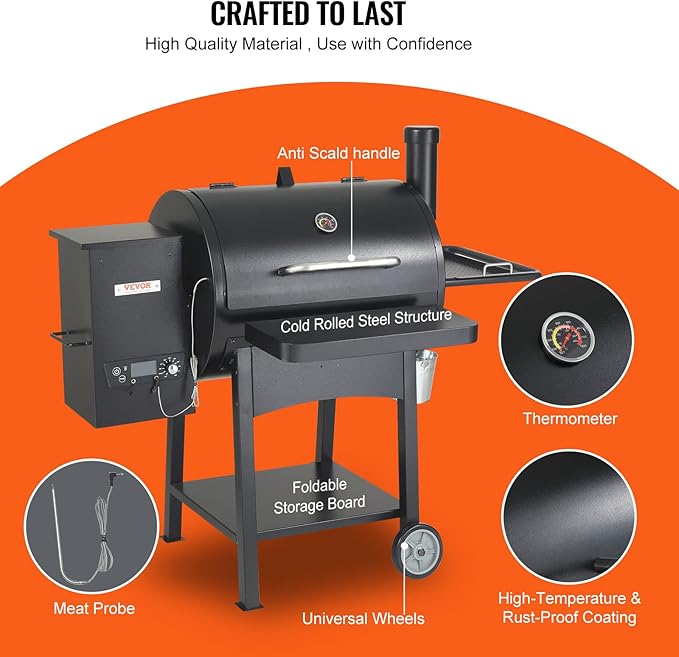 VEVOR Smoker Grill, Portable Wood Pellet Grill with Cart, 500°F Max Temperature, 580 SQ.IN Cook Area, 8 IN 1 BBQ Grill with PID Temperature Control & Meat Probe for Outdoor Cooking, Camping, Backyard