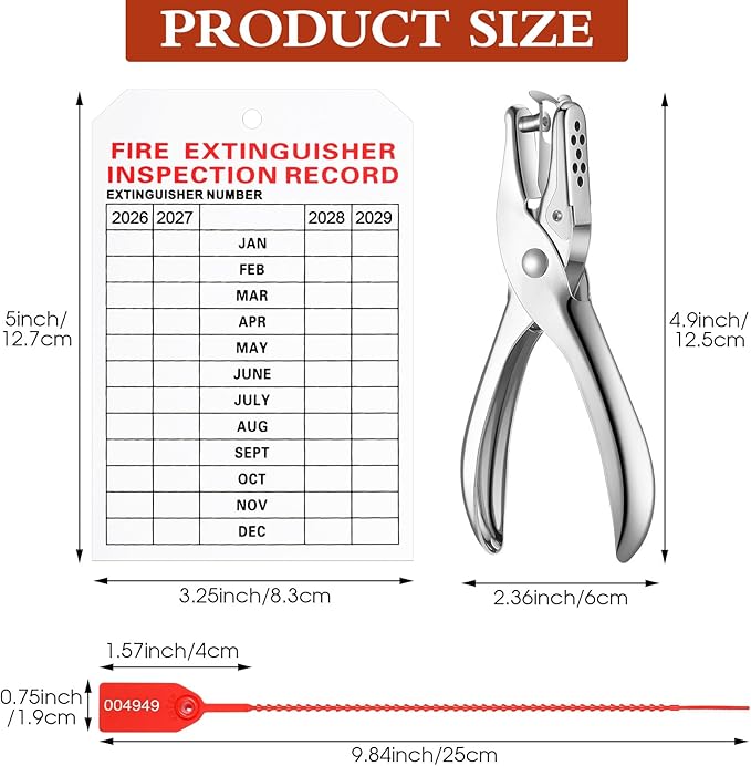 Chunful 101 Pieces Monthly Fire Extinguisher Inspection Tags 2026 to 2029 Plastic Maintenance Record Tags 5 x 3.25 Inch with Hole Puncher Adjustable Wire Ties Tamper Seals Numbered Security(White)