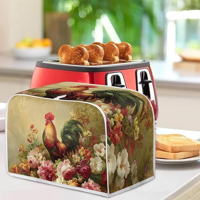 UNICEU Rooster Floral Print Toaster Cover 4 Slice Small Kitchen Appliance Covers Bread Machine Protection with Top Hook