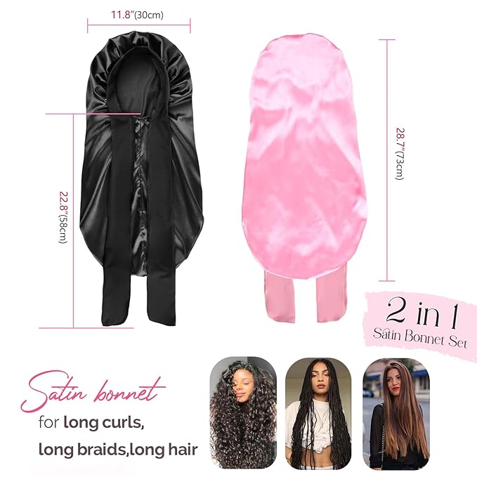 YANIBEST 2Pcs Silk Bonnet for Sleeping Braid Bonnet for Long Hair with Tie Band for Black Women Curly Hair Locs, Black&Pink