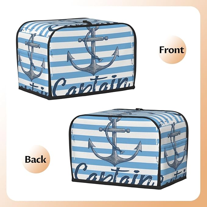 Toaster Cover 2 Slice with Pockets, Nautical Anchor Blue White Geometric Strip Kitchen Accessories Decor Bread Maker Oven Protector Covers Dust Proof Fingerprint Covers