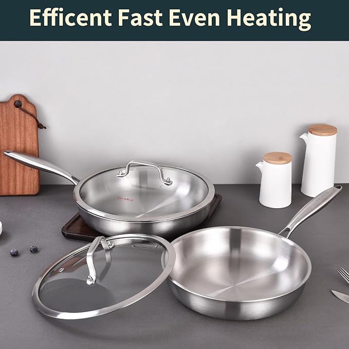 DELARLO Tri-ply Stainless Steel Frying Pan Set with Lid 8" 10" Induction large Skillets Chef's Pan,Pots and Pans Set Kitchen Cookware Set Suitable for All Stove