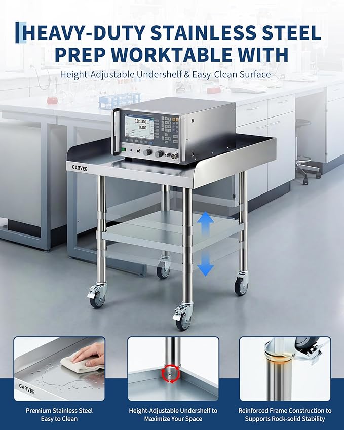 Garvee Stainless Steel Work Table, 30x36x26 Inch Commercial Food Prep Worktable with Wheels, Fixed 3-Sided Backsplash & Height-Adjustable Shelf, Heavy Duty Workbench for Kitchen Restaurant Garage