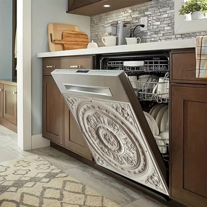 2D Flat White Ornamental Floral Round Pattern Dishwasher Magnetic Cover 23x26 InchClassic Relief Design Universal Appliance Magnet for Kitchen Decor