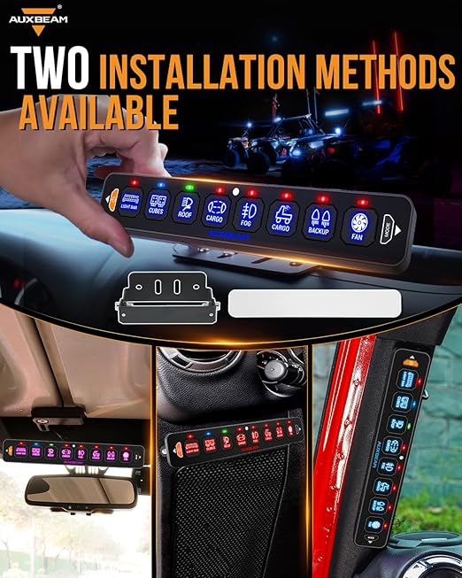 Auxbeam 8 Gang Slim Switch Panel RGB AS-R80 Automatic Dimmable Switch Panel with Toggle Momentary Pulsed LED Control Panel Off Backlight 12-24V for Truck Offroad Car Boat Waterproof, 2-Year Warranty