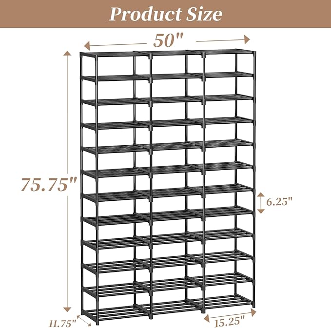 Shoe Rack Large Capacity 72 Pairs Tall Shoe Shelf, 3 Row 12 Tiers Sturdy Metal Shoe Organizer for Entryway, Closet, Bedroom, Black