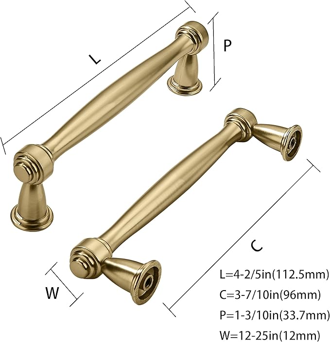 khtumeware 2 Pack 3-3/4 Inch(96mm) Brushed Brass Cabinet Pulls Satin Brass Kitchen Cabinet Handles Kitchen Cabinet Hardware for Cupboard Drawer Handles Dresser Pulls