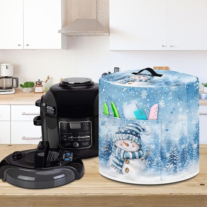 Xoenoiee Blue Christmas Tree Snowman Pattern Kitchen Appliance Dust Covers with Pockets, Electric Pressure Cooker Cover Compatible with Crock Pot, Rice Cooker Cover, for 8 Qt
