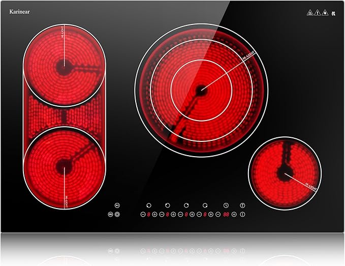 Karinear Electric Cooktop 30 Inch, 4 Burners Electric Stove Top, Flexible Bridge &Triple Ring Expandable Burners, Pause, Timer, Child Safety Lock, 7800W Built-in Ceramic Cooktop for 220-240V Hard Wire