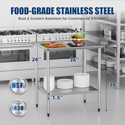 Stainless Steel Work Table 24 x 36 Inch with Adjustable Undershelf, Heavy-Duty Metal Prep Table for Commercial Kitchen & Restaurant, Garage, Outdoor
