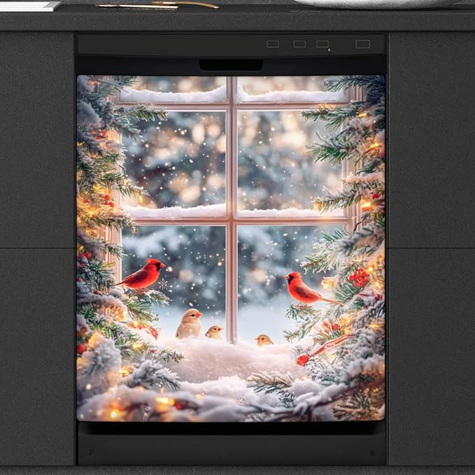 Christmas Tree Cardinal Snow Dishwasher Magnet Cover for The Front Dishwasher Door Cover Panel Decals Magnetic Refrigerator Cover for Kitchen Farmhouse Home Decor（23 X 26 in）