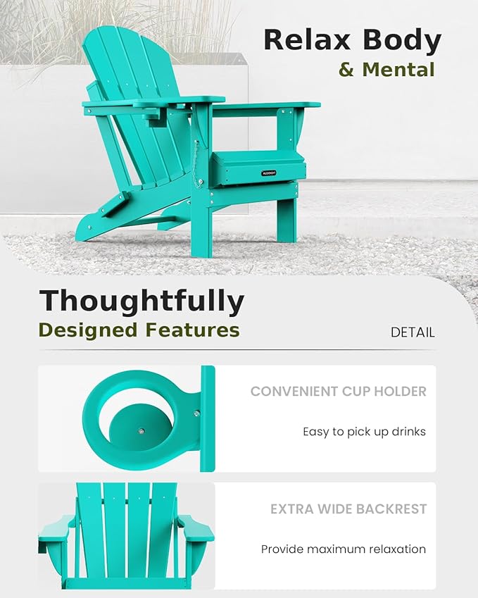 MUCHENGHY Folding Adirondack Chairs 4 Pack, Patio Chairs, Outdoor Chairs, Adirondack Chair Plastic, Fire Pit Chairs, Weather Resistant with Cup Holder for Deck, Backyard, Garden(Lake Blue)