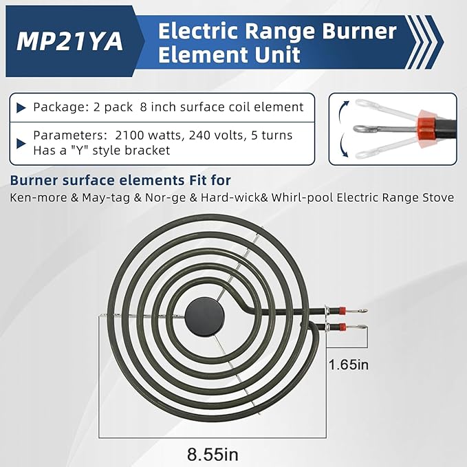 2 Pack MP21YA (8") Electric Range Burner Element Unit Set Replacement Fit for Frigi-daire Whirl-pool Ken-more May-tag Stove Top Burner Replace WPY04100166, 4381750, Y0E00801799, 19950009 By Fetechmate