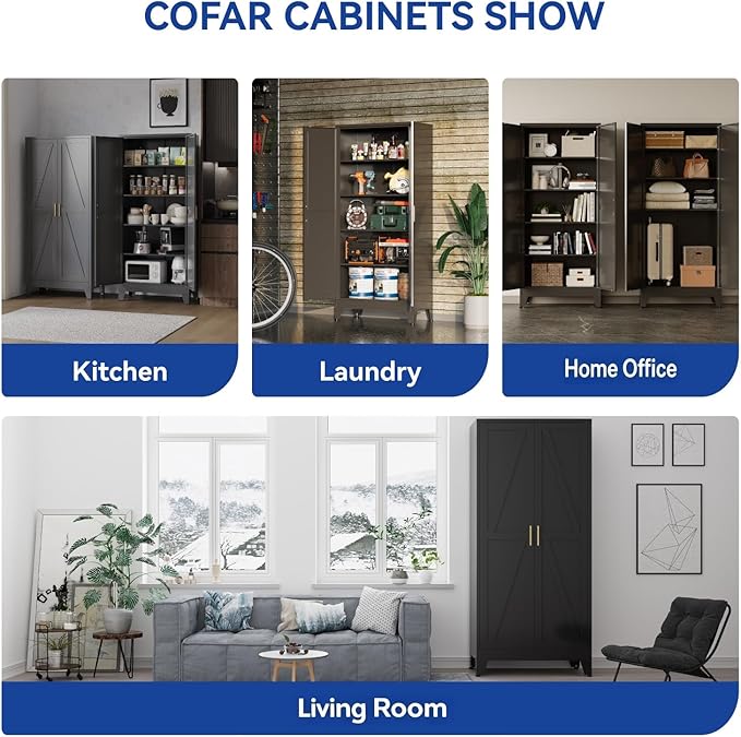 COFaR 71'' Tall Metal Pantry Cabinet, Kitchen Storage Cabinet with Doors and Shelves, Freestanding Farmhouse Food Cupboard for Kitchen Dinning Room Garage, Black 5-Tier