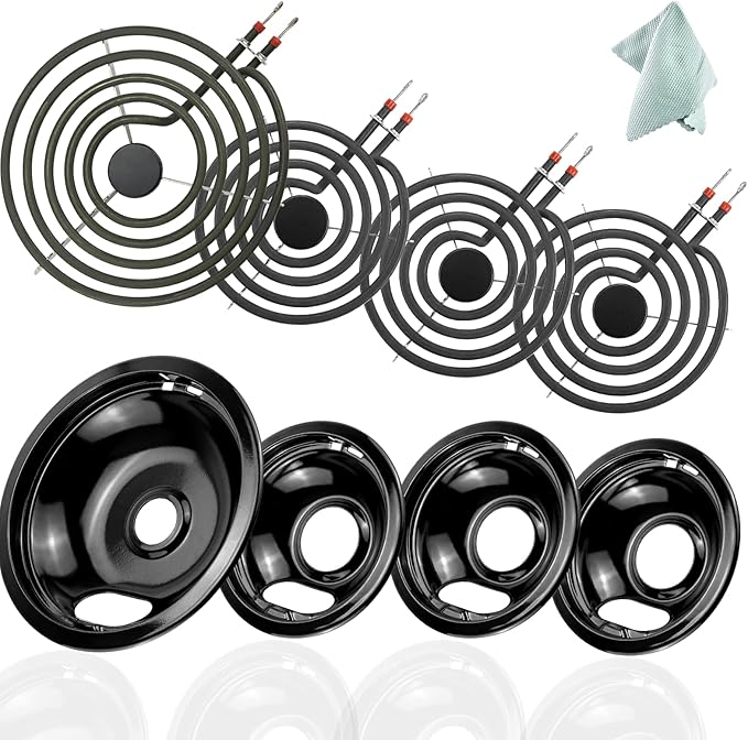 Fetechmate MP15YA MP21YA Electric Stove Burner Element Replacement Set (3) 6" & (1) 8" Black Porcelain Drip Pans Compatible with Whir-pool Electric Range Stove Top
