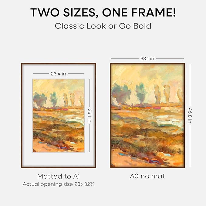 Homeforia A0 Poster Frame Brown, High End Dark Oak 33.1 x 46.8 Wooden Picture Frames Matted to 23.4 by 33.1 Photo, A0 Walnut Wood Frame with Mat A1, 33.1x46.8 Frame, Tempered Glass, Wall Kit, Set of 2