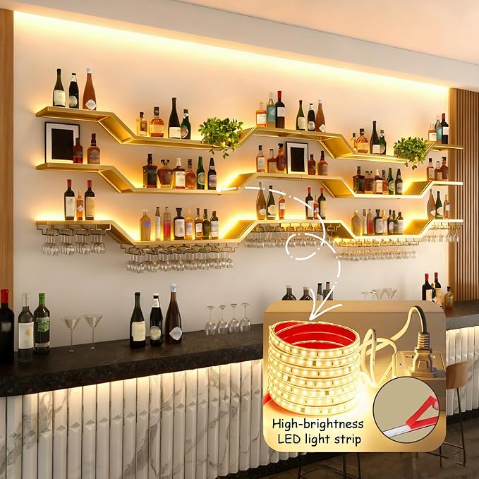 63in Modern LED Wine Rack Wall Mounted, 3-Tier Floating Bar Shelves with Wine Glass Rack, Large Hanging Liquor Shelf Wall Mounted, for Home Bar Dining Room Cafe Decorative (Gold, 63in/160cm)