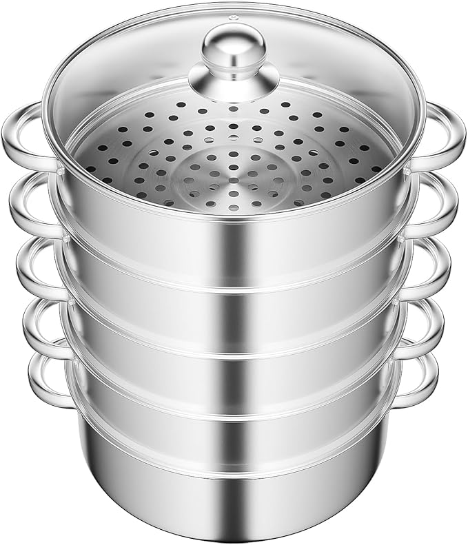 Stainless Steel Steamer Pot, 11-Inch Steamer for Cooking, 5-Tier Food Steam Pots with Lid for Cooking Vegetables, Seafood, Soups, Stews, Dumplings and Pasta