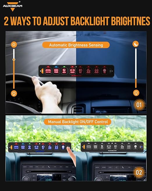 Auxbeam 8 Gang Slim Switch Panel RGB AS-R80 Automatic Dimmable Switch Panel with Toggle Momentary Pulsed LED Control Panel Off Backlight 12-24V for Truck Offroad Car Boat Waterproof, 2-Year Warranty