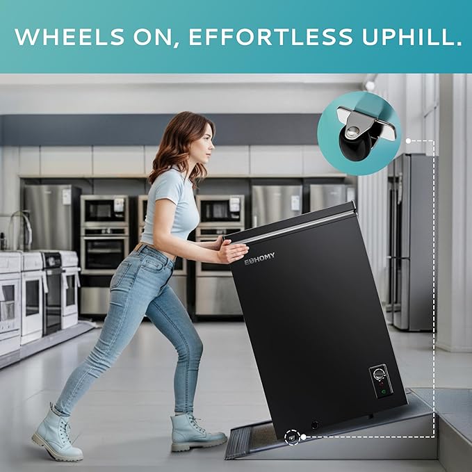EUHOMY 3.5 Cu.Ft Chest Freezer with Wheels, Small Deep Freezer Adjustable 7 Thermostat, Quiet Mini Freezer Free-Standing Top Door, Energy Saving for Apartment/Garage/Basement/Dorm/Home, New Black