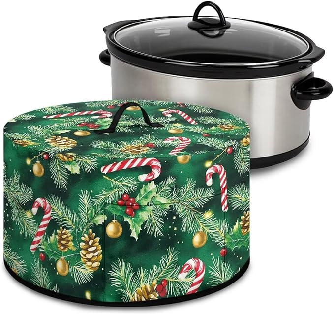 Holly Candy Cane Pinecone Print Slow Cooker Cover with Storage Pocket Stain Resistant Slow Cooker Cover for Kitchen Christmas Decor Extra Accessories Fit 6/7/8 Quart Electric Oval Crock Pot