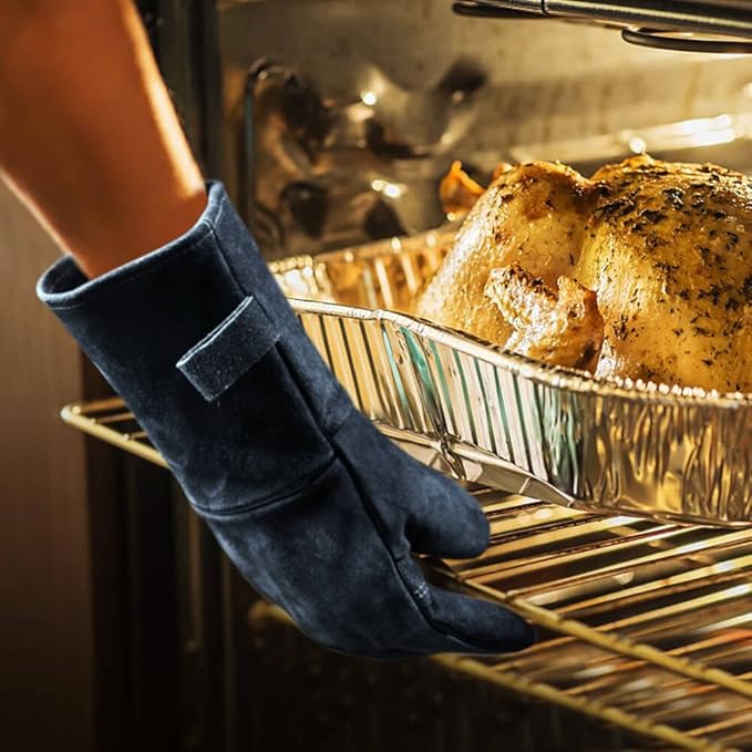 OZERO 932℉ Grill BBQ Gloves 16-inch Heat Resistant Leather Forge Welding Glove with Flame Retardant Long Sleeve and Insulated Lining for Men and Women Black-gray