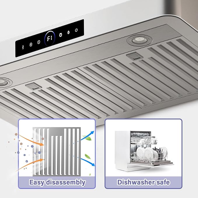 30" Under Cabinet Range Hood,1200CFM Vent Hood with Powerful Suction,4-Speed Exhaust Fan,Stainless Steel Ducted Kitchen Exhaust Hood with Led Lights,Smart Touch Panel, 15S-E30