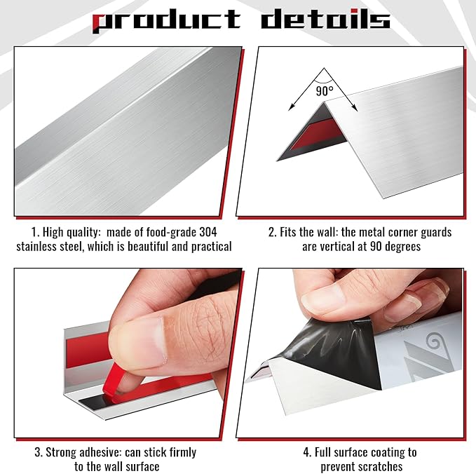 Therwen 10 Pcs 304 Stainless Steel Wall Corner Guards 0.5 x 0.5 x 36 Inch Self Adhesive Heavy Duty Corner Protector Trim with 90 Degree Angle for Wall Protection Metal Edge Guard