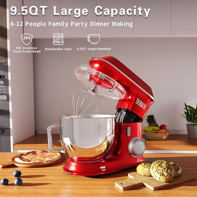 Electric Stand mixer, 9.5QT 660W 6 Speeds Tilt-Head Dough Mixers, Bread Mixer with Dough Hook, Whisk, Beater, Splash Guard for Baking Bread, Cake, Cookie, Pizza, Muffin, Salad and More (Red)