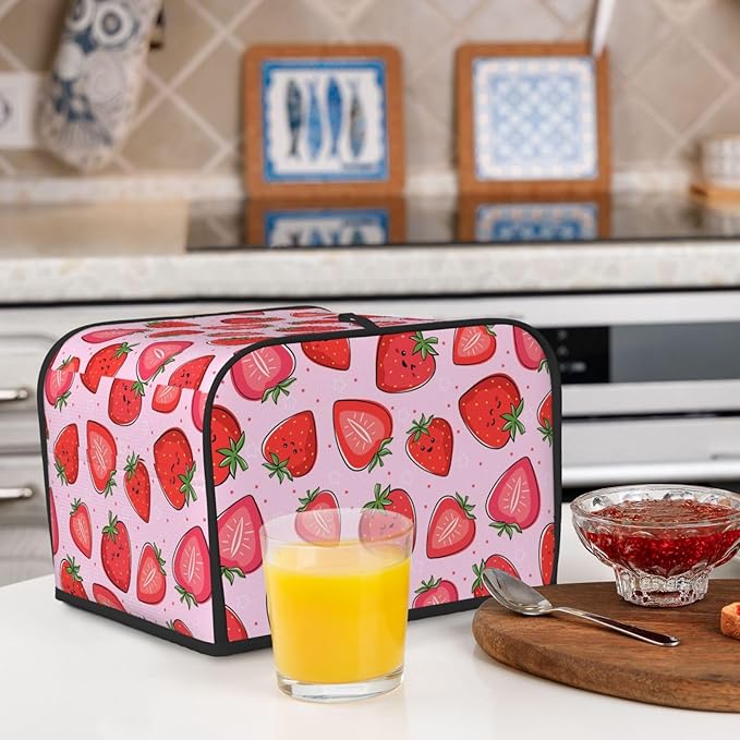 Pink Strawberry Kawaii Fruit 4 Slice Toaster Cover, Waterproof Toaster Dust Cover Bread Maker Protective Cover For Small Kitchen Appliance Dining Room Table Home Decor Gifts