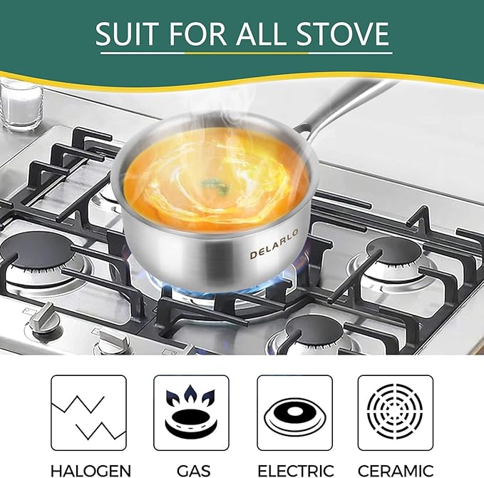 DELARLO Tri-Ply Stainless Steel Induction Saucepan, 1.5 QT with Lid, All Stove Compatible 600, Small Pots for Cooking, Heavy Duty Saucier, Dishwasher Safe