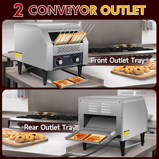 Commercial Toaster 300 Slices/Hour Industrial Conveyor Toaster 1900W Stainless Steel Restaurant Toasters for Croissants, Toast, Bun, Bagel, Bread
