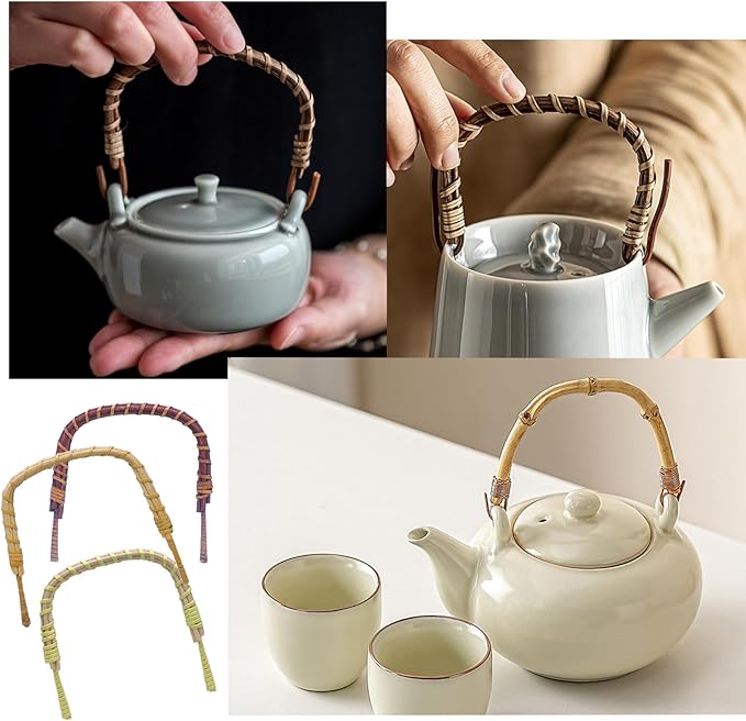 9 Pcs 3 Colors Rattan Metal Teapot Handle Bendable Teapot Handle Replacement for Ceramic Teapots, Japanese Wired Teapots