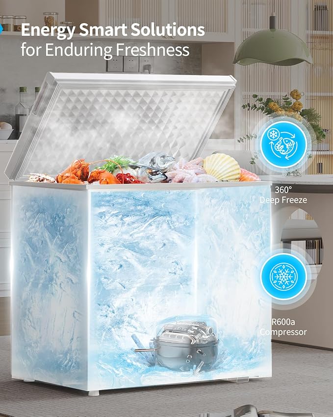 TABU 10 Cu Ft Deep Freezer,Top Opening Chest Freezer with Storage Basket, Energy Saving Compact Freezer with 7 Level Adjustable Thermostat, Removable Basket (White)