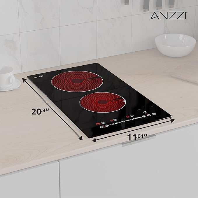 12-In. Electric Cooktop in Black Glass with Dual-Zone Control, Radiant Heating, and Ceramic Hobs for Precision Cooking