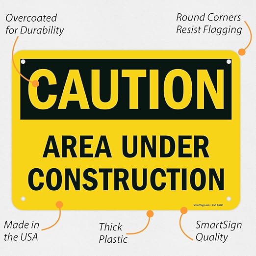 SmartSign - U9-1377-NP_7x10 "Caution - Area Under Construction" Sign | 7" x 10" Plastic Black on Yellow