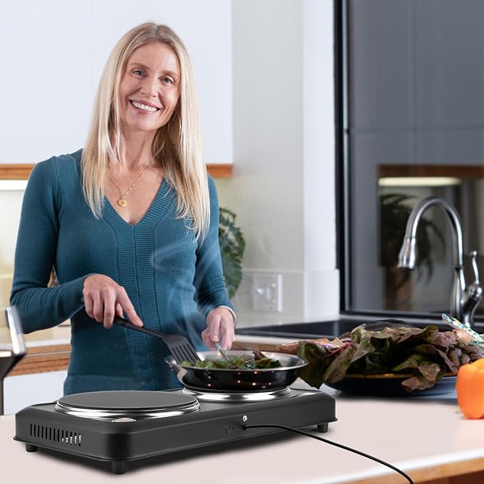 1800W Infrared Double Burner Electric, Portable Hot Plate for Cooking, Countertop Burner with 7.5” & 6.3” Glass Plate Cooktop with Stepless Temperature Adjustments for Kitchen, RV, Dorm