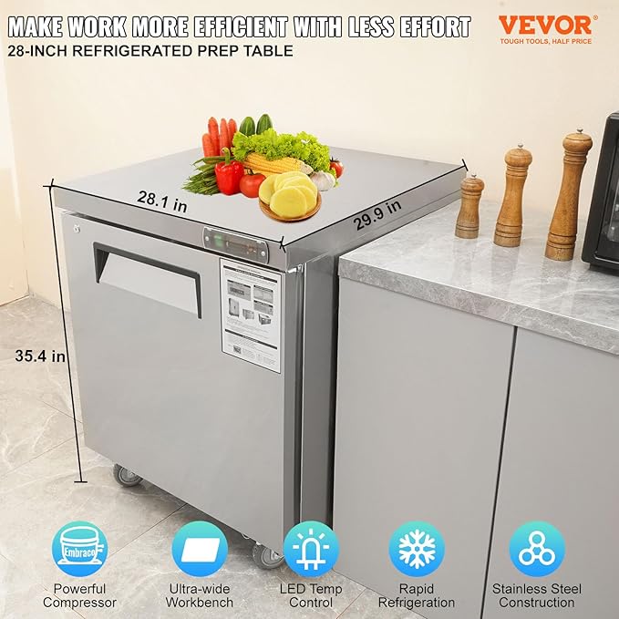 VEVOR 28" W Commercial Refrigerator, Undercounter Worktop Refrigerator, 7.4 Cu. Ft Thick Stainless Steel Refrigerated Food Prep Station Fan Cooling Single Door Worktop Fridge with lock for Bar