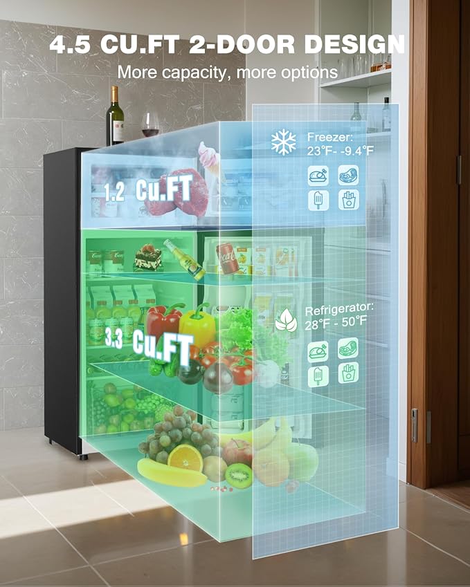 Double Door Refrigerator with Freezer, 4.5 Cu.Ft, Small Fridge with Freezer, 7 Settings Temperature Adjustable, Mini Refrigerator for Apartment Bedroom Dorm and Office (4.5 Cu.Ft, Black)