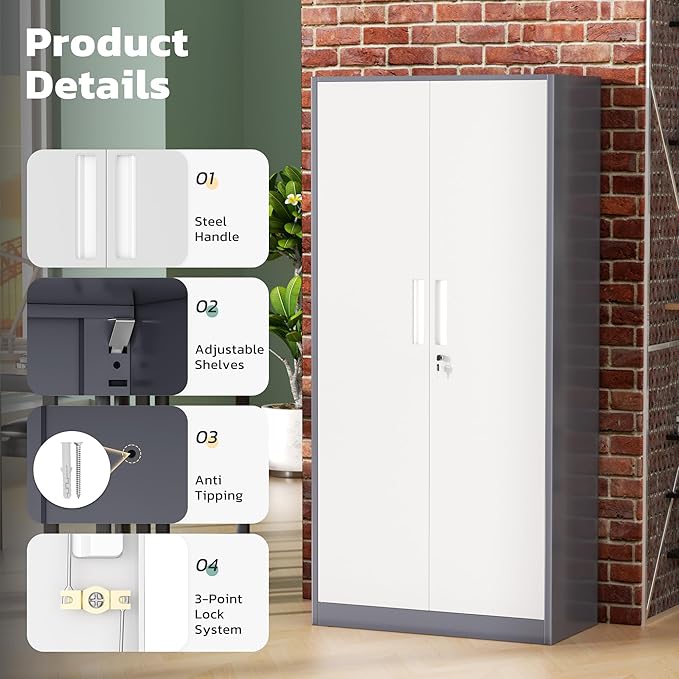 Greenvelly Metal Storage Cabinet with 2 Doors and 4 Adjustable Shelves, 72”H Metal Cabinet Lockable Storage Cabinet,Tall Locking File Cabinet for Office,Home, Garage, Gym, School