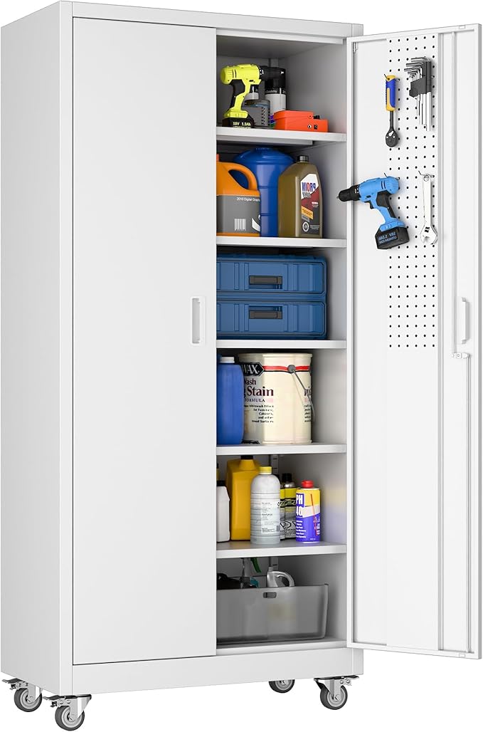 SUXXAN Garage Storage Cabinet with Pegboard and 5 Adjustable Shelves, 71'' x 32'' x 16''Metal Lockable Cabinet with Magnetic Doors,Tool Storage,Home Office Garage,Gym,School(White)
