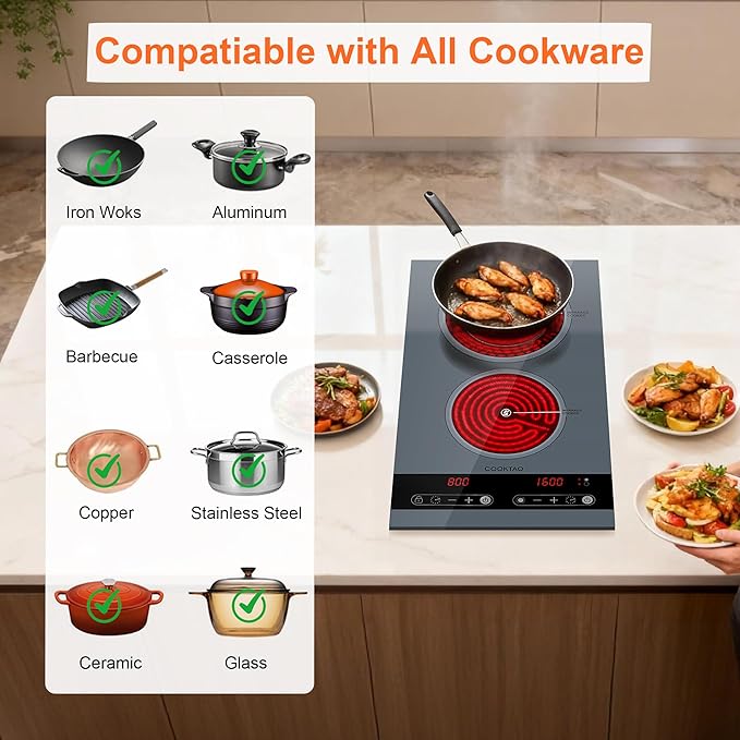 Dual Coil Design of Double Burner Electric Cooktop, 1800W Ceramic Hot Plate for Cooking, Portable Countertop Infrared 2 Burner or 12inch Built-in Radiant Stove Top Cooker, Compatible with All Cookware