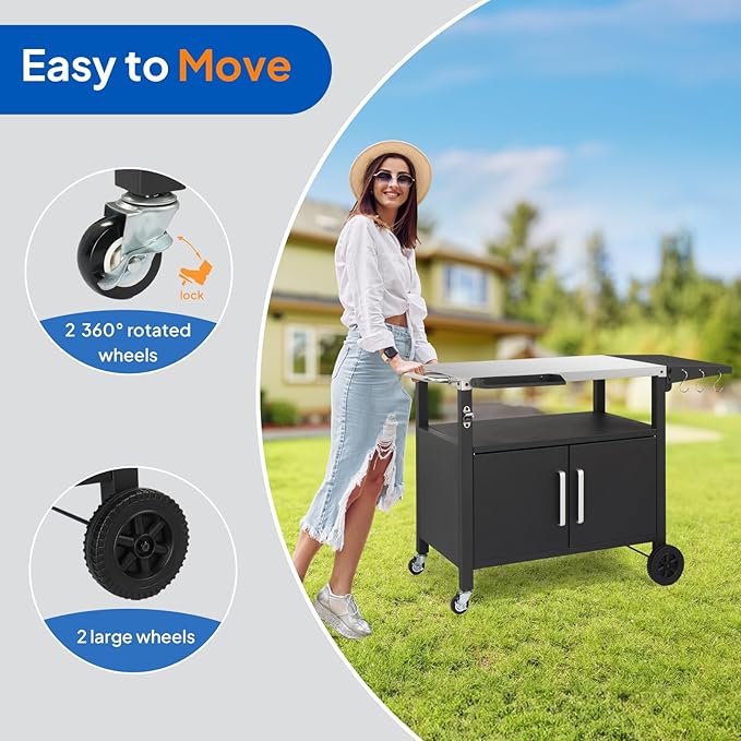 ROVSUN Gourmet Grill Cart with Storage, Movable Grill Table with Wheels, Hooks and Spice Rack, Stainless Steel Top & Storage Cabinet, Pizza Oven Cart for Camping, Tailgating, and Outdoor Cooking