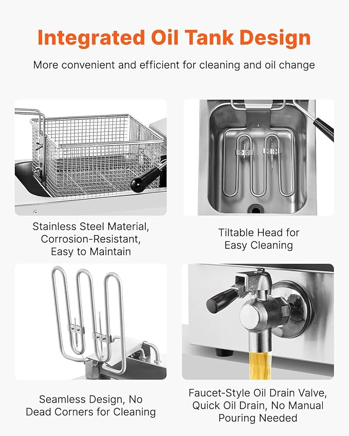 VEVOR Commercial Deep Fryer, 9Qt /8.5 L Single Oil Fryer, 1mm Thickened Stainless Steel, 1750W Electric Countertop Fryer with Basket, Time & Temp Control, for Kitchen Restaurant Use, Silver