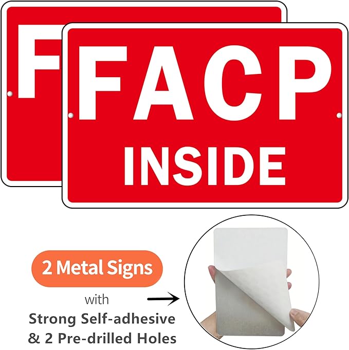 FACP Sign, (2 Pack) Self Adhesive FACP Inside Signs, Rust Free and Reflective Aluminum Metal Sign Sticker for Door (9 x 6 inches, Red/White)