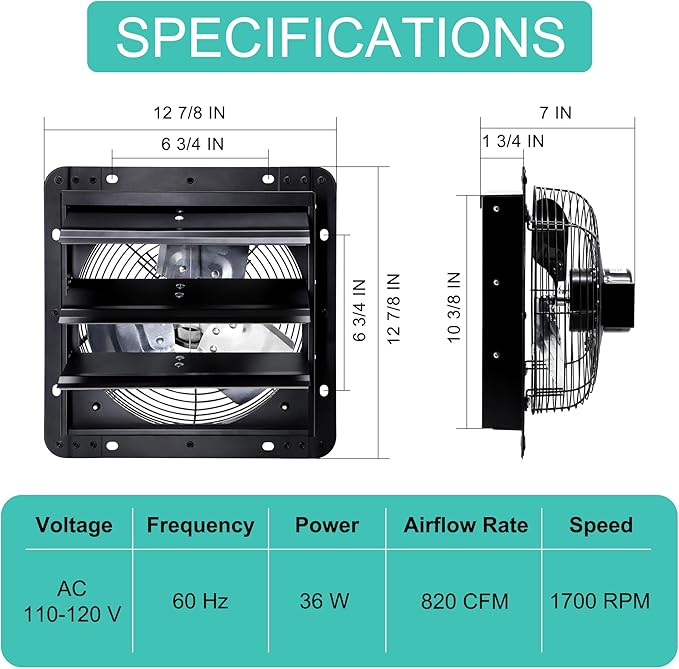 10 Inch Shutter Exhaust Fan, Wall Mount Attic Fan with Power Cord for Greenhouse, Shed, Garage, Barn, Chicken Coop Ventilation, 820 CFM, Black
