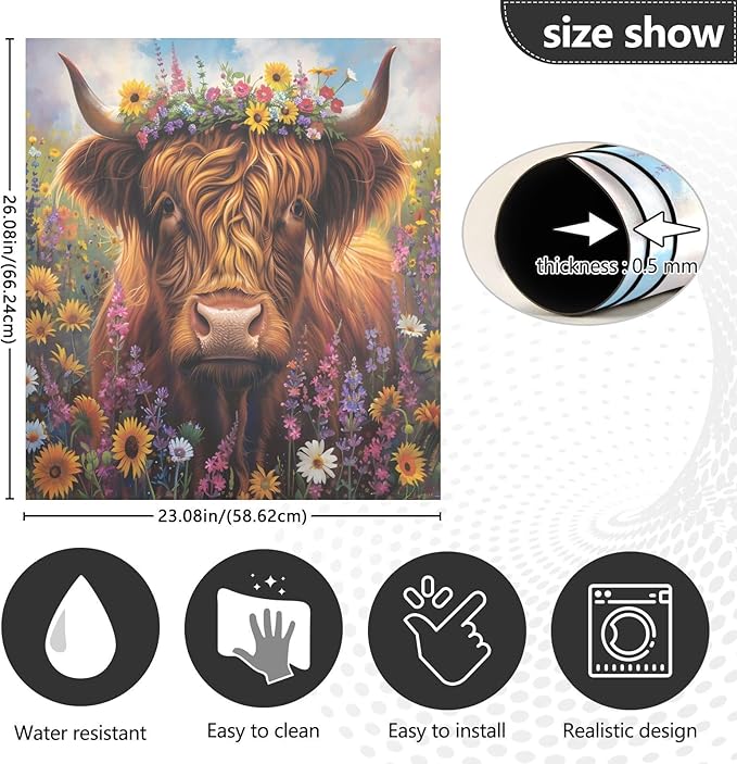 Highland Cow Summer Flowers Dishwasher Magnet Cover Sticker Magnetic Refrigerator Panel Front Door Fridge Microwave Decal
