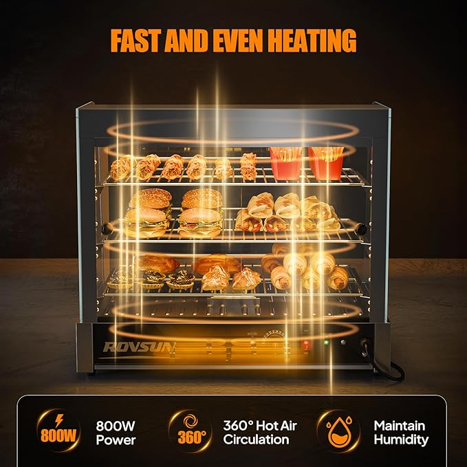 ROVSUN 26" Commercial Food Warmer Display Pizza Warmer, 3-Tier Electric Countertop Food Warmer w/LED Lighting Adjustable Removable Shelves Glass Door, Pretzel Warmer for Buffet Restaurant, Silver