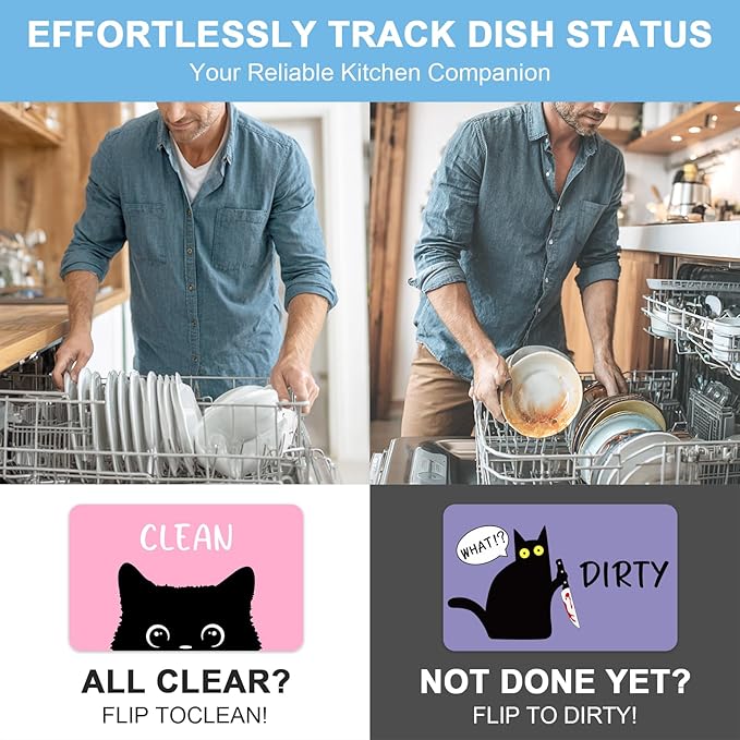 Funny Black Cat Cartoon Clean Dirty Dishwasher Magnet, Washing Machine Magnets Flip, Cute Cat Refrigerator Clean Dirty Sign, Double Sided Reversible Non Scratch Dish Washer Magnet Sign (Pink&Purple)