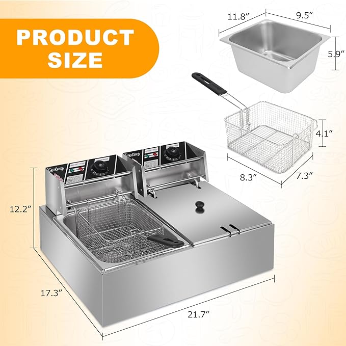 22.8QT/21.6L Commercial Deep Fryer with Basket and Lid, 5000W Electric Fryer, Countertop Oil Fryer for French Fries, Onion Rings, Donuts, Temperature Adjustable 140-392℉, Stainless Steel Double Tank